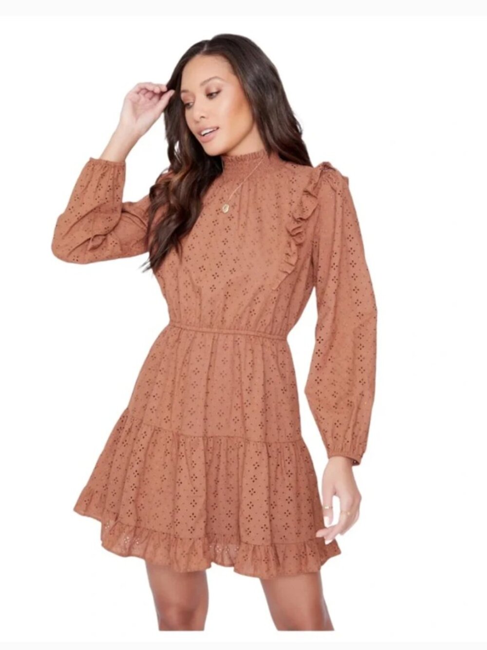 NWT Lost + Wander Sunday Funday Brown Eyelet long-sleeve cotton mini dress sz L